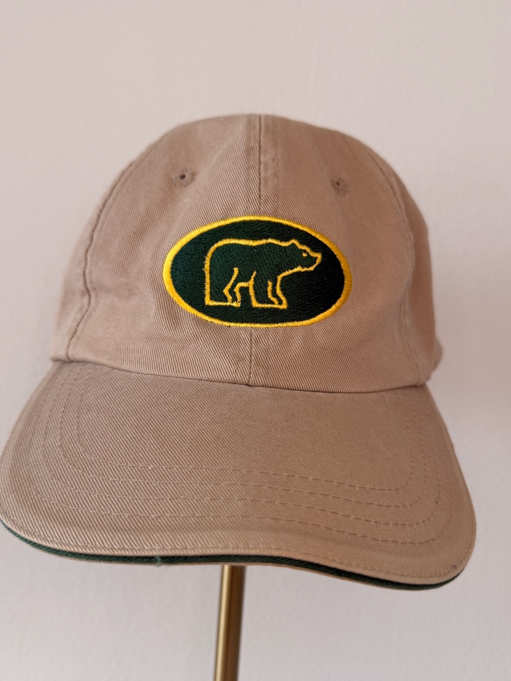 Khaki Baseball Cap with Green & Yellow Bear Patch